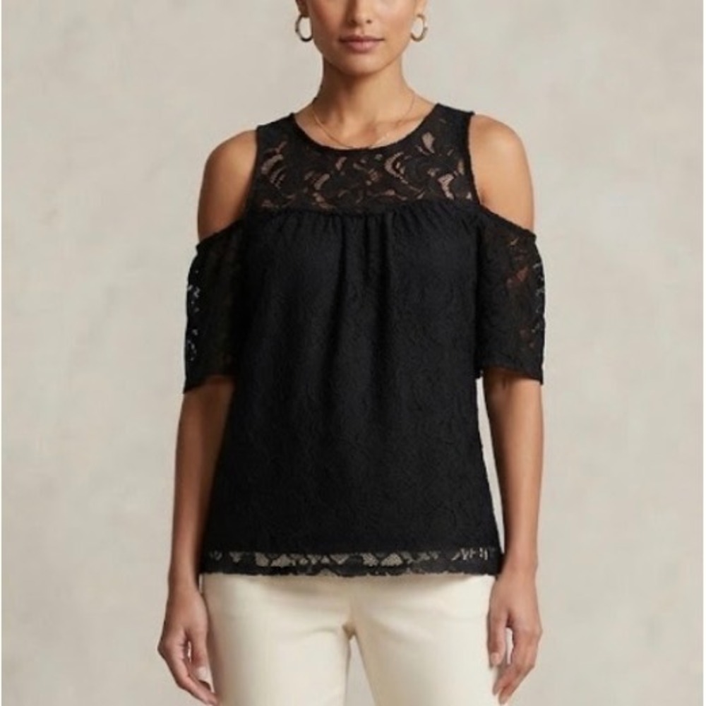 Missi London Womens Black Lace Cold Shoulder Short Sleeve Blouse Size 8 US 12 UK